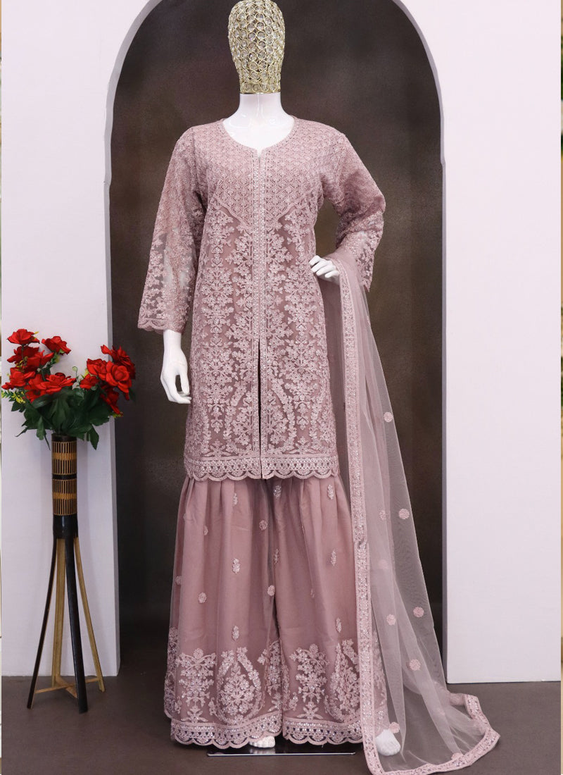 Vegaa Fashion Onion Pink Net Embroidered Sequin Designer Palazzo Suit - Distacart