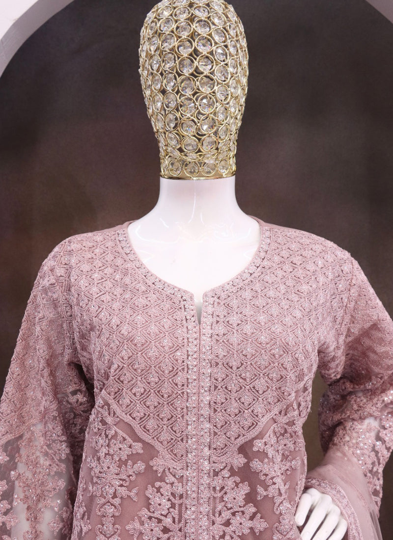 Vegaa Fashion Onion Pink Net Embroidered Sequin Designer Palazzo Suit - Distacart
