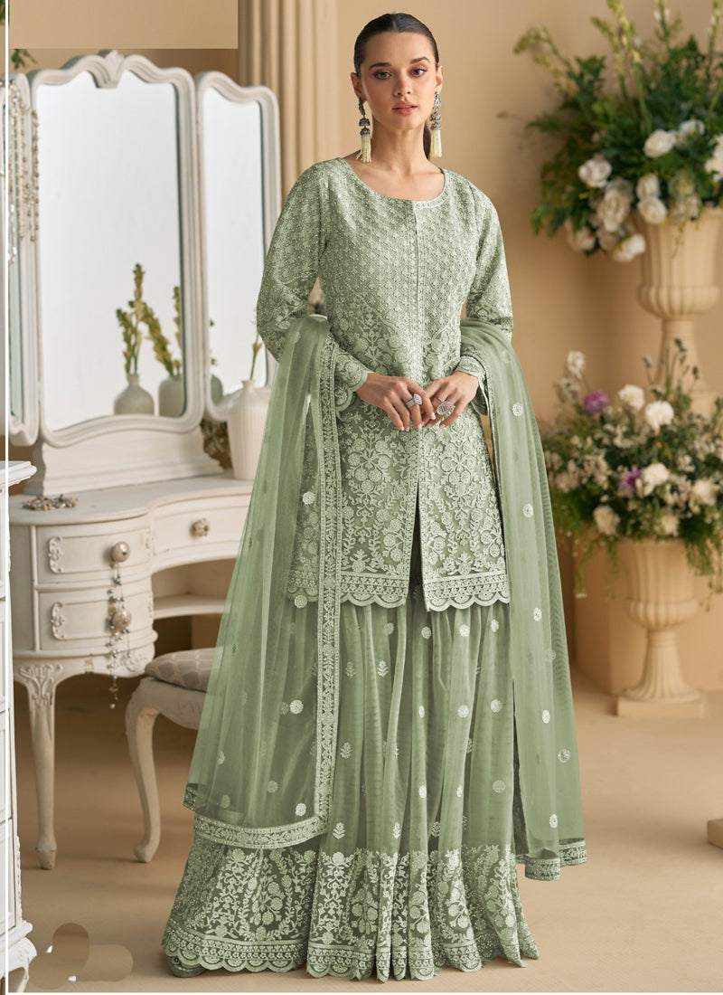 Vegaa Fashion Lime Green Net Embroidered Sequin Designer Palazzo Suit - Distacart