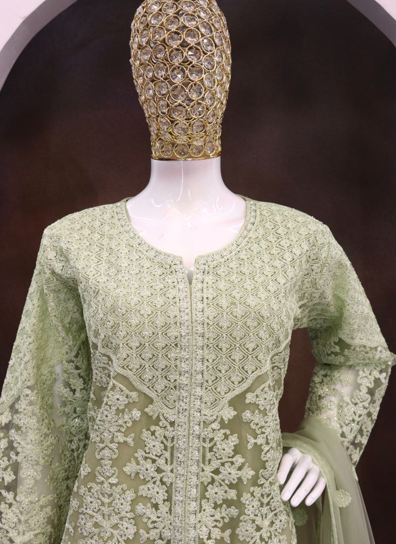 Vegaa Fashion Lime Green Net Embroidered Sequin Designer Palazzo Suit - Distacart