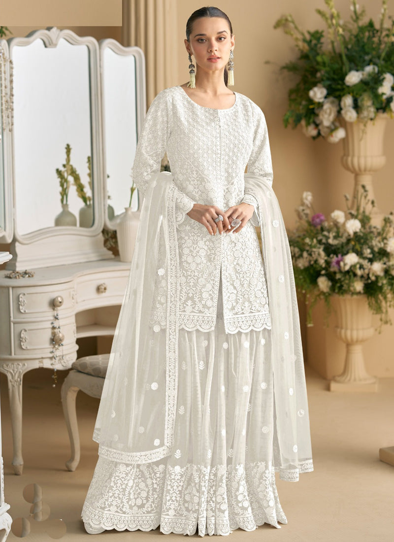 Vegaa Fashion Off White Net Embroidered Sequin Designer Palazzo Suit - Distacart