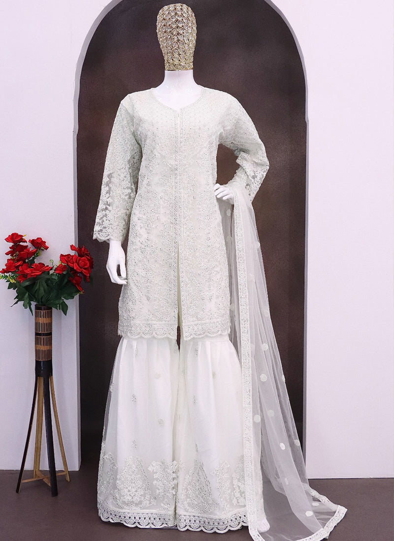 Vegaa Fashion Off White Net Embroidered Sequin Designer Palazzo Suit - Distacart