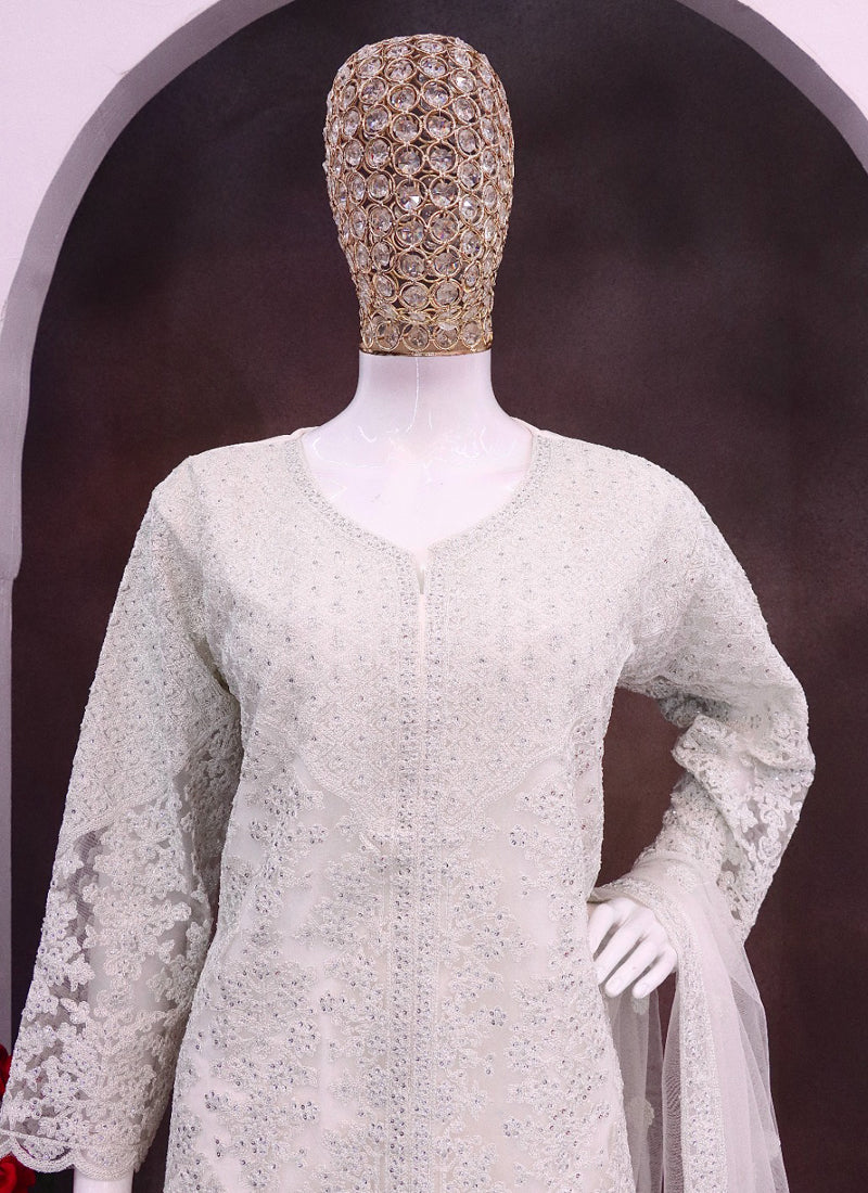Vegaa Fashion Off White Net Embroidered Sequin Designer Palazzo Suit - Distacart