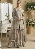 Vegaa Fashion Beige Georgette And Net Embroidered Beads Work Palazzo Suit - Distacart