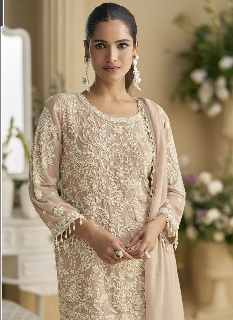 Vegaa Fashion Beige Georgette And Net Embroidered Beads Work Salwar Suit - Distacart