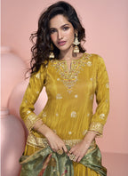 Vegaa Fashion Yellow Jacquard Silk Embroidered Lehenga Style Suit