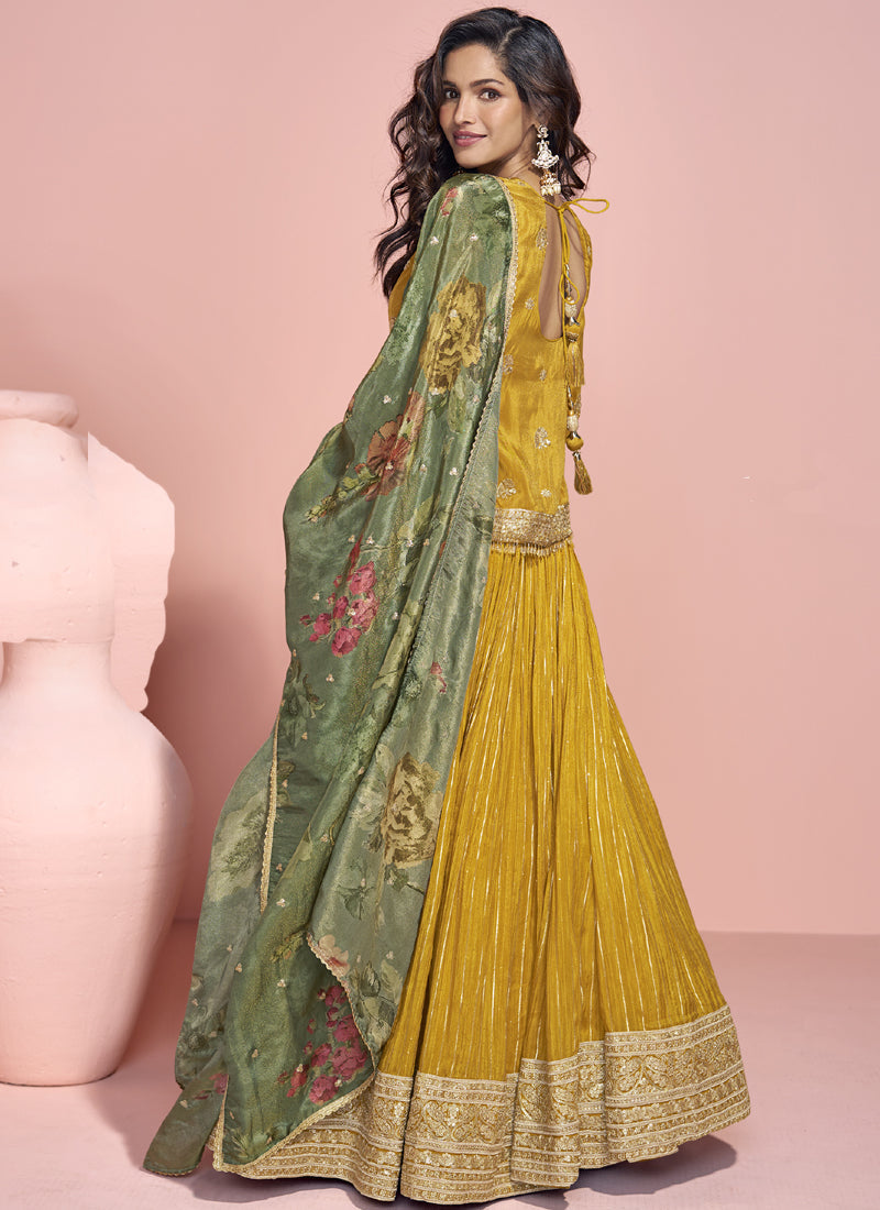 Vegaa Fashion Yellow Jacquard Silk Embroidered Lehenga Style Suit