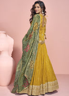Vegaa Fashion Yellow Jacquard Silk Embroidered Lehenga Style Suit