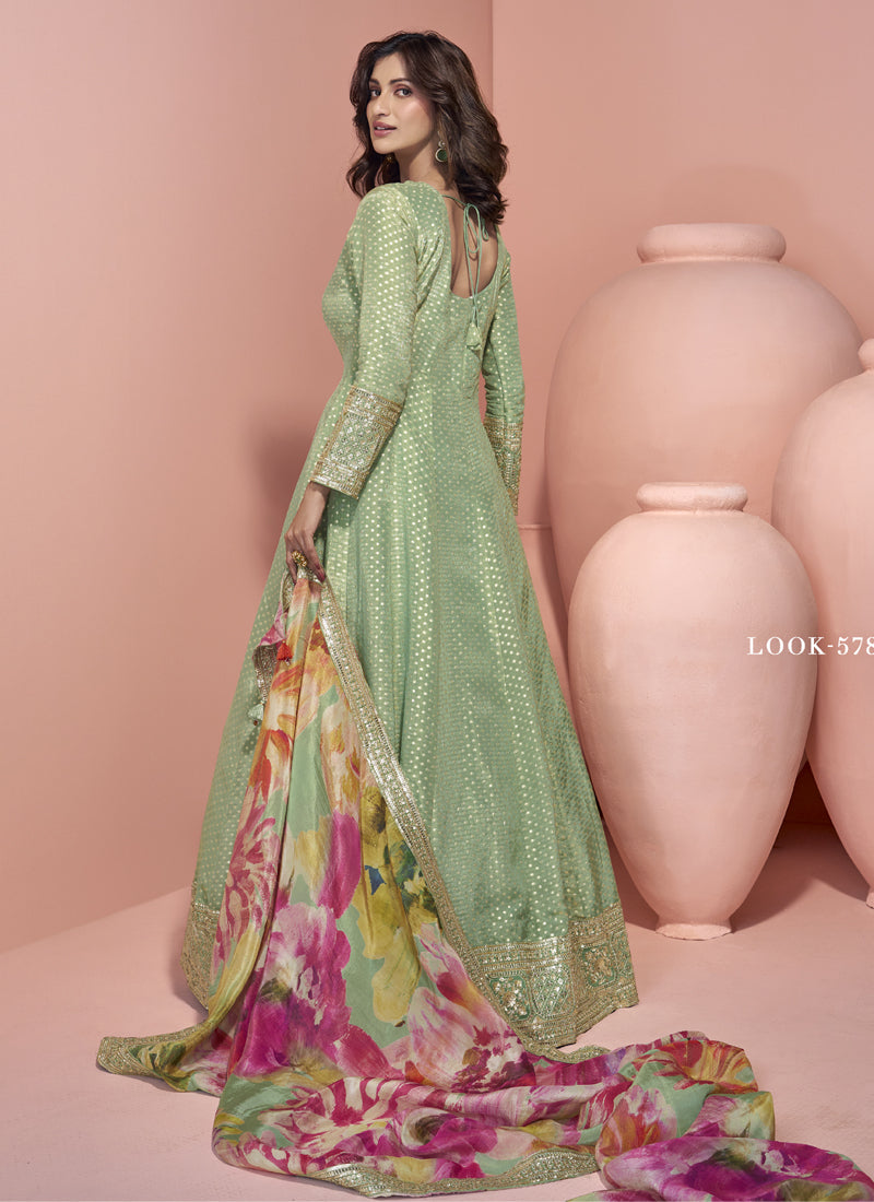 Vegaa Fashion Pista Green Viscose Jacquard Silk Embroidered Anarkali Suit - Distacart