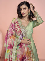 Vegaa Fashion Pista Green Viscose Jacquard Silk Embroidered Anarkali Suit - Distacart