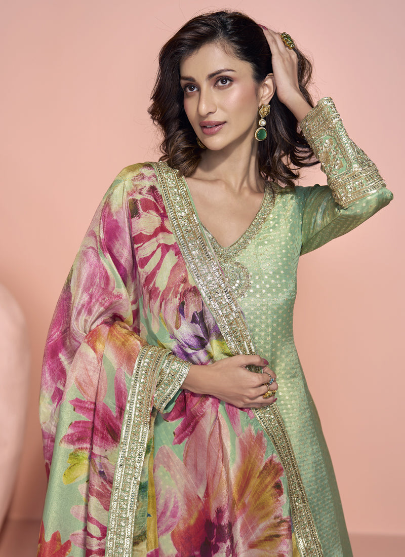 Vegaa Fashion Pista Green Viscose Jacquard Silk Embroidered Anarkali Suit - Distacart