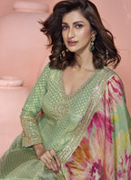 Vegaa Fashion Pista Green Viscose Jacquard Silk Embroidered Anarkali Suit - Distacart