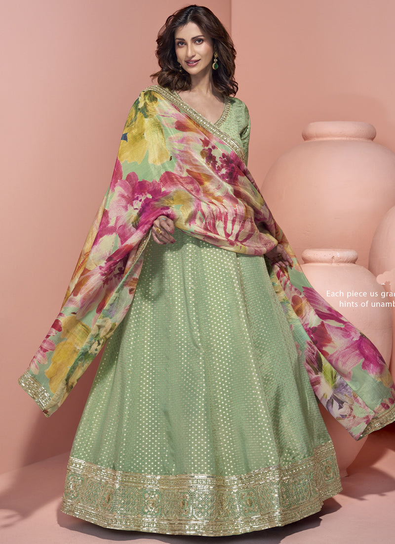 Vegaa Fashion Pista Green Viscose Jacquard Silk Embroidered Anarkali Suit - Distacart