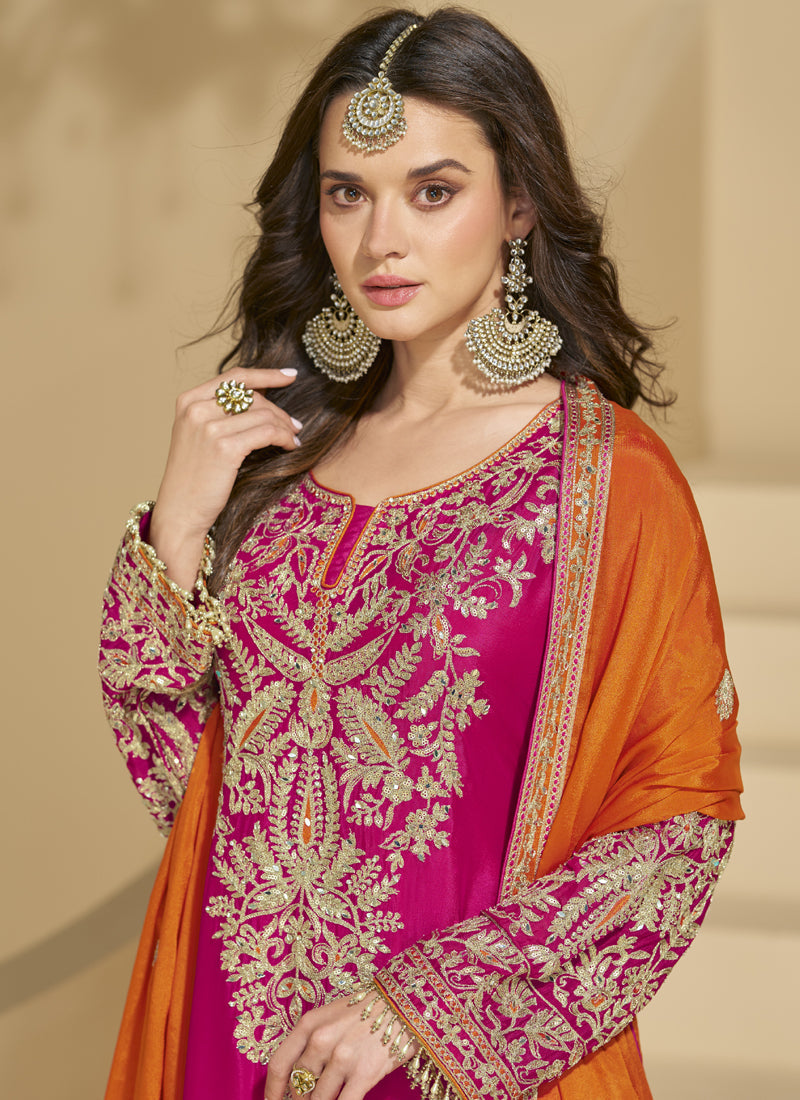 Vegaa Fashion Pink Chinon Silk Embroidered Palazzo Suit - Distacart