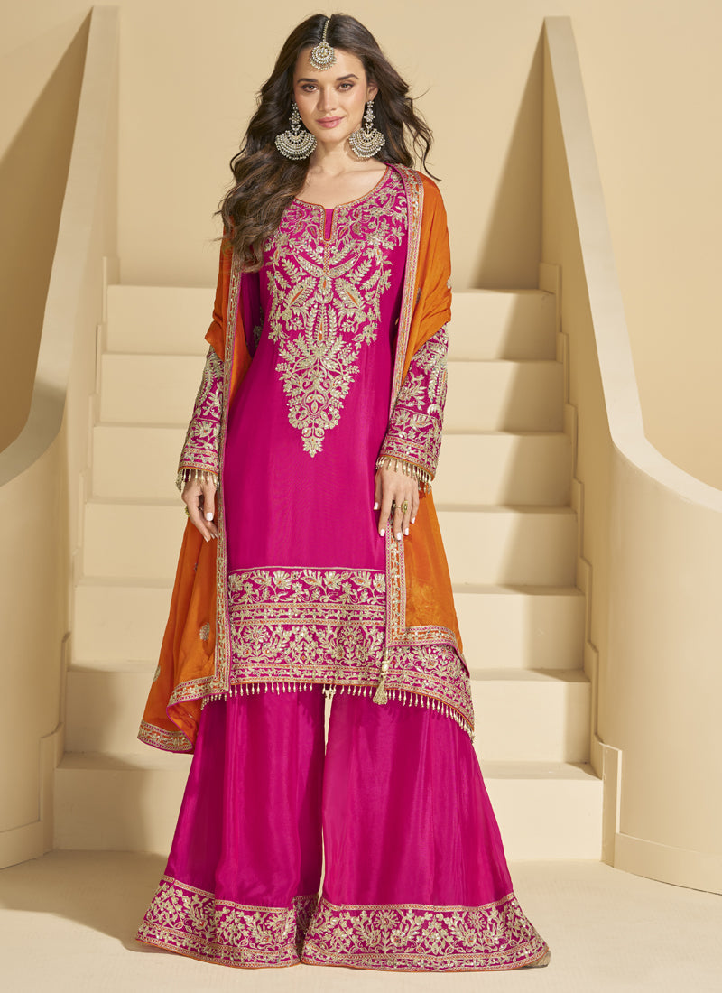 Vegaa Fashion Pink Chinon Silk Embroidered Palazzo Suit - Distacart