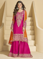Vegaa Fashion Pink Chinon Silk Embroidered Palazzo Suit - Distacart