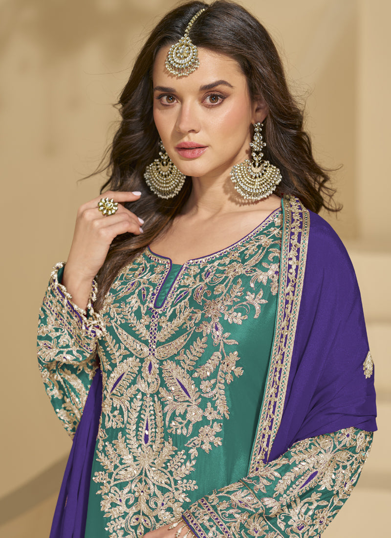 Vegaa Fashion Rama Green Chinon Silk Embroidered Palazzo Suit - Distacart