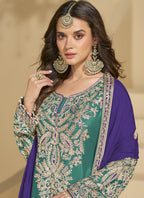 Vegaa Fashion Rama Green Chinon Silk Embroidered Palazzo Suit - Distacart