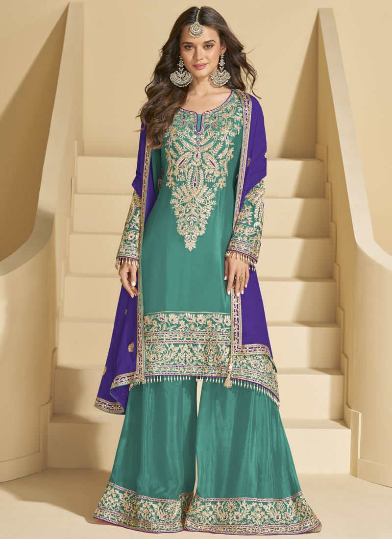 Vegaa Fashion Rama Green Chinon Silk Embroidered Palazzo Suit - Distacart