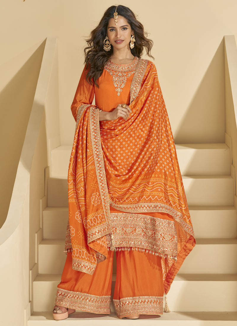 Vegaa Fashion Orange Chinon Silk Embroidered Palazzo Suit - Distacart