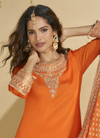 Vegaa Fashion Orange Chinon Silk Embroidered Palazzo Suit - Distacart