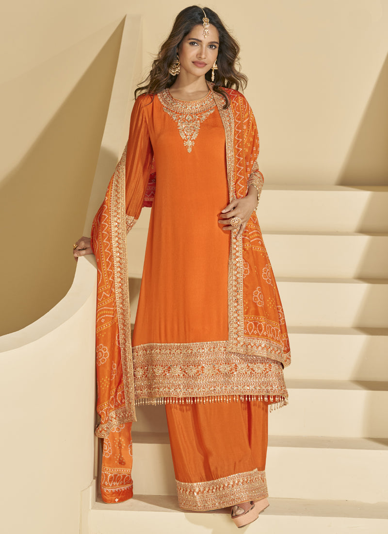 Vegaa Fashion Orange Chinon Silk Embroidered Palazzo Suit - Distacart