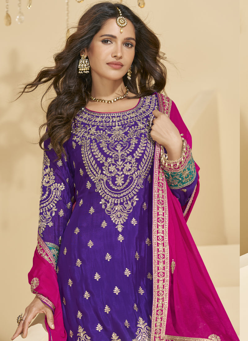 Vegaa Fashion Violet Chinon Silk Embroidered Palazzo Suit - Distacart