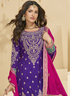 Vegaa Fashion Violet Chinon Silk Embroidered Palazzo Suit - Distacart