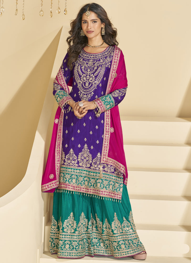 Vegaa Fashion Violet Chinon Silk Embroidered Palazzo Suit - Distacart