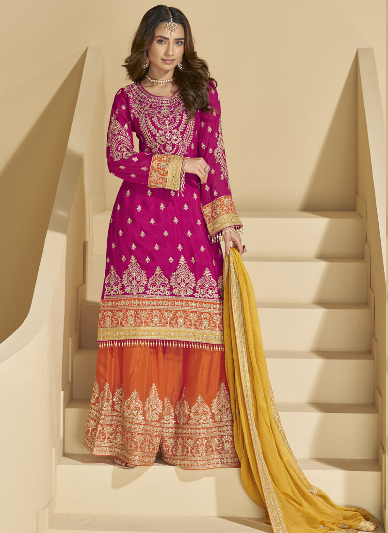 Vegaa Fashion Rani Pink Chinon Silk Embroidered Palazzo Suit - Distacart