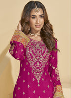 Vegaa Fashion Rani Pink Chinon Silk Embroidered Palazzo Suit - Distacart