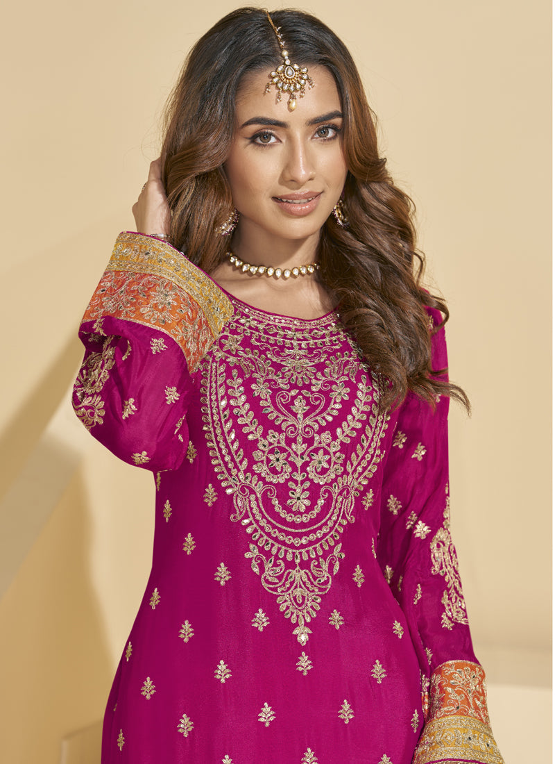 Vegaa Fashion Rani Pink Chinon Silk Embroidered Palazzo Suit - Distacart