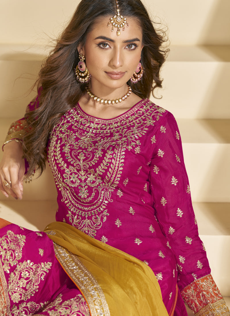 Vegaa Fashion Rani Pink Chinon Silk Embroidered Palazzo Suit - Distacart