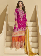 Vegaa Fashion Rani Pink Chinon Silk Embroidered Palazzo Suit - Distacart