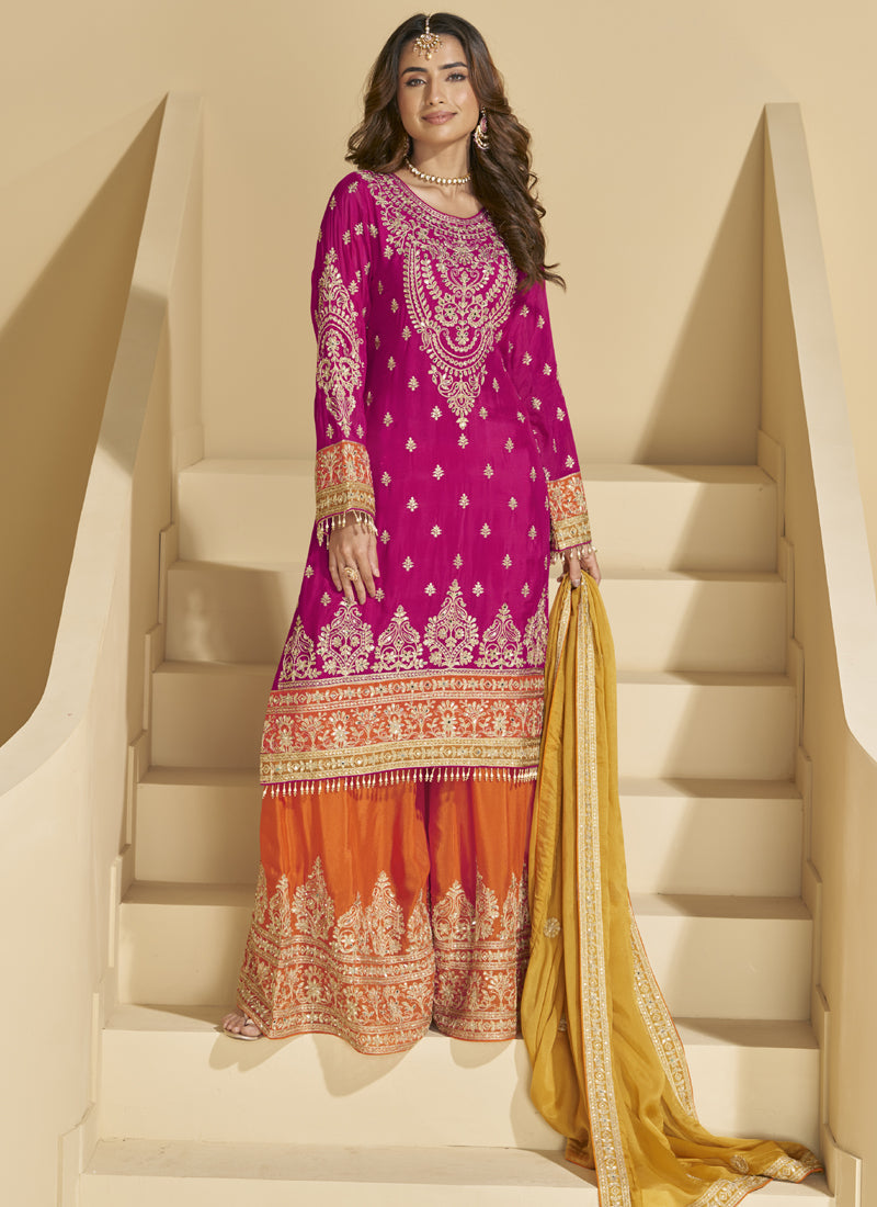 Vegaa Fashion Rani Pink Chinon Silk Embroidered Palazzo Suit - Distacart