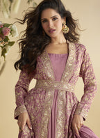 Vegaa Fashion Onion Pink Chinon Silk Embroidered Designer Gown With Shrug - Distacart