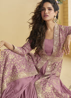 Vegaa Fashion Onion Pink Chinon Silk Embroidered Designer Gown With Shrug - Distacart