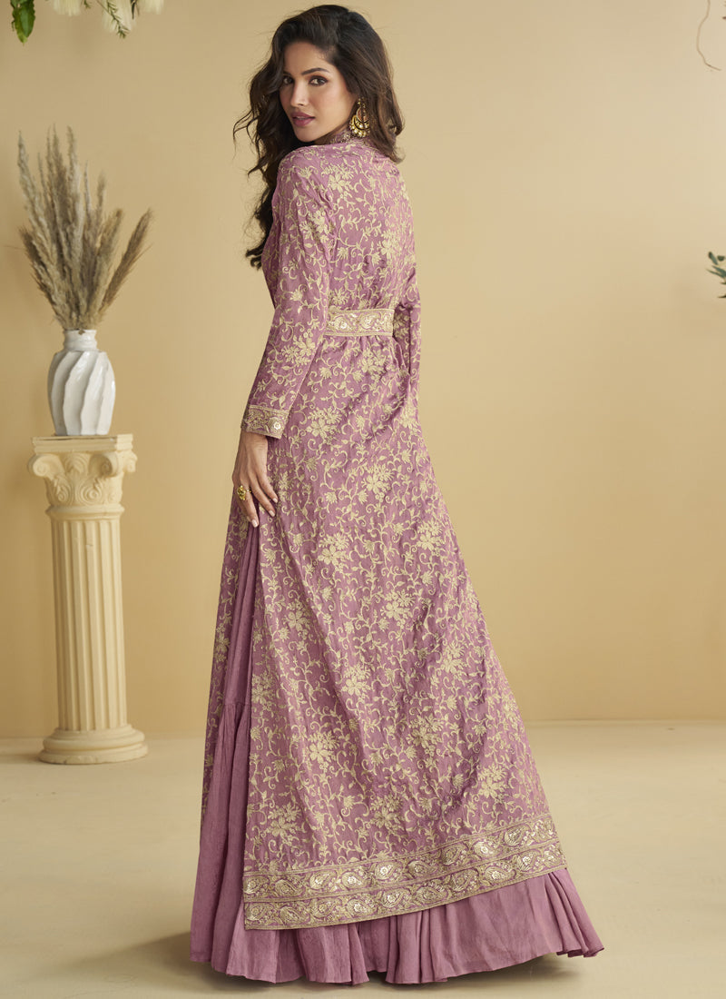 Vegaa Fashion Onion Pink Chinon Silk Embroidered Designer Gown With Shrug - Distacart