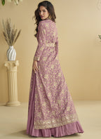 Vegaa Fashion Onion Pink Chinon Silk Embroidered Designer Gown With Shrug - Distacart