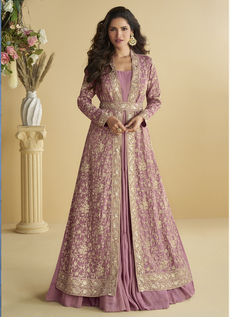 Vegaa Fashion Onion Pink Chinon Silk Embroidered Designer Gown With Shrug - Distacart
