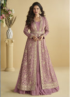 Vegaa Fashion Onion Pink Chinon Silk Embroidered Designer Gown With Shrug - Distacart
