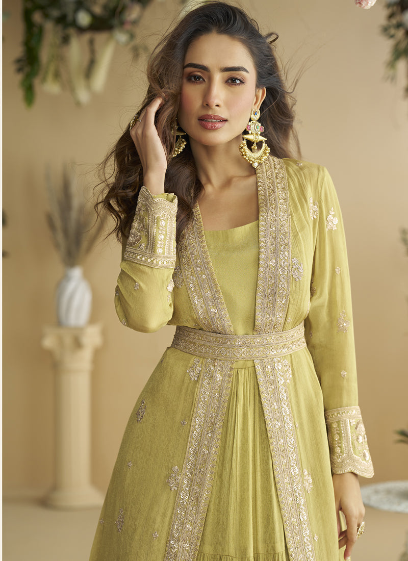 Vegaa Fashion Lemon Yellow Chinon Silk Embroidered Designer Gown With Shrug - Distacart