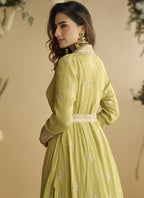 Vegaa Fashion Lemon Yellow Chinon Silk Embroidered Designer Gown With Shrug - Distacart