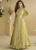 Vegaa Fashion Lemon Yellow Chinon Silk Embroidered Designer Gown With Shrug - Distacart