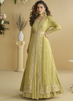 Vegaa Fashion Lemon Yellow Chinon Silk Embroidered Designer Gown With Shrug - Distacart