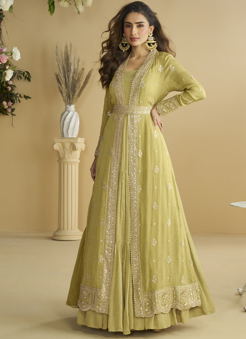 Vegaa Fashion Lemon Yellow Chinon Silk Embroidered Designer Gown With Shrug - Distacart