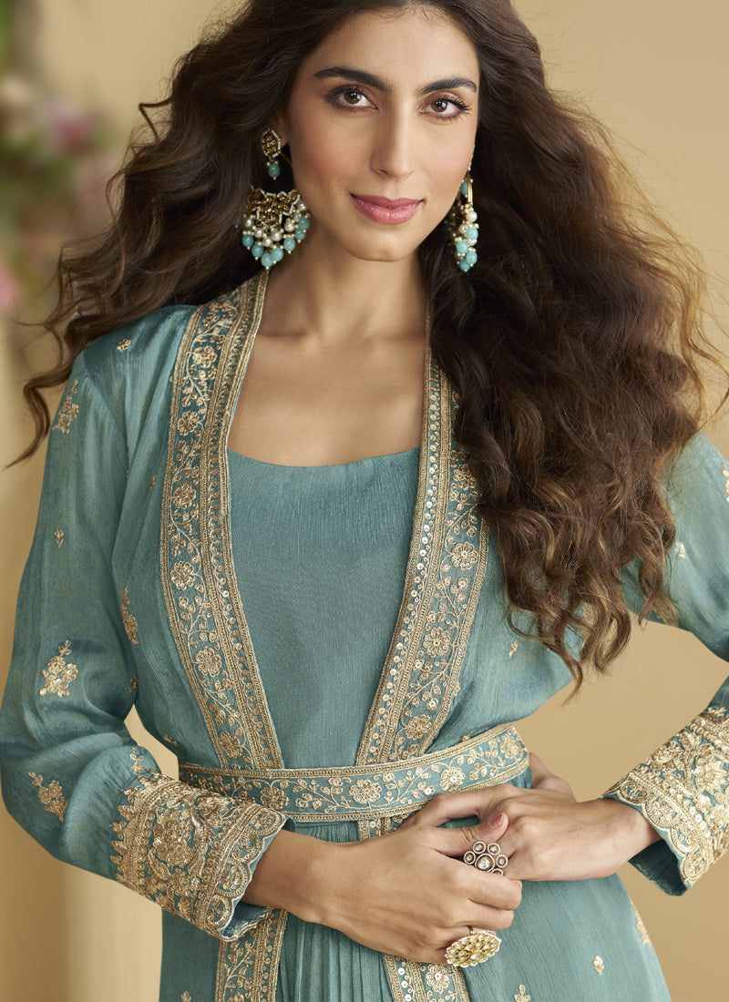 Vegaa Fashion Sky Blue Chinon Silk Embroidered Designer Gown With Shrug - Distacart