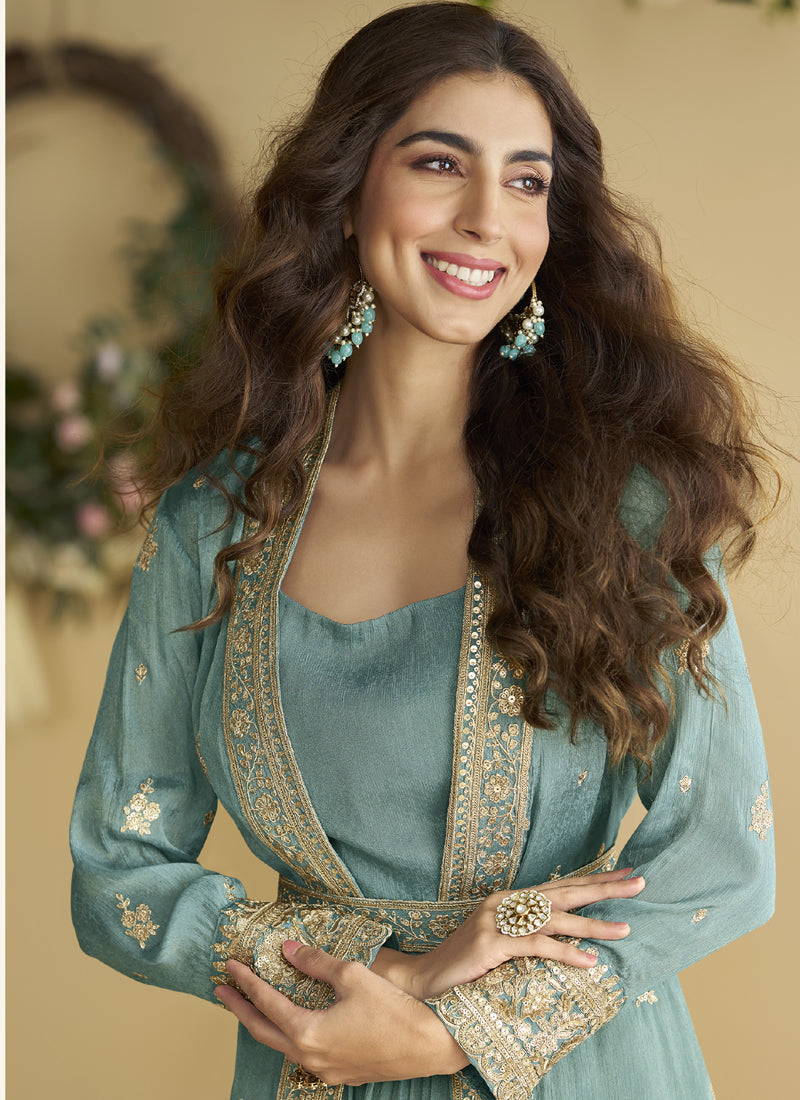 Vegaa Fashion Sky Blue Chinon Silk Embroidered Designer Gown With Shrug - Distacart