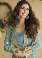 Vegaa Fashion Sky Blue Chinon Silk Embroidered Designer Gown With Shrug - Distacart