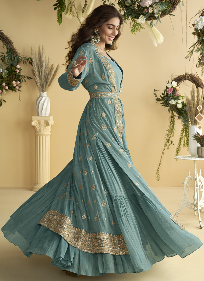 Vegaa Fashion Sky Blue Chinon Silk Embroidered Designer Gown With Shrug - Distacart
